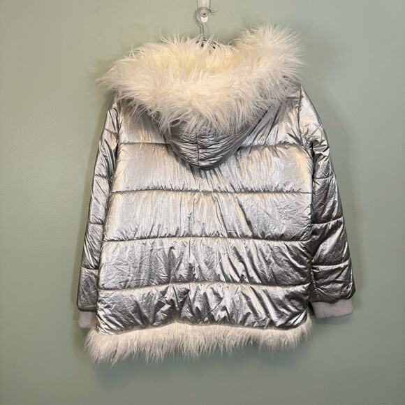 Donna Salyers Fabulous Furs Coat Women 2X Silver Metallic Hooded Faux Fur Puffer - Picture 3 of 12